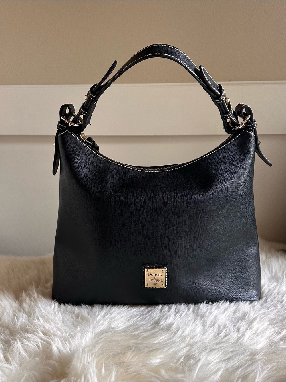 Dooney & Bourke Black Saffiano Leather Shoulder Hobo with Gold Accent - Picture 13 of 13